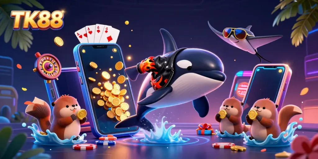 Experience the excitement with TK88 as orca, stingray, and sea otters celebrate gaming wins!
