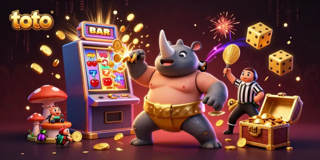 Experience the thrill of a toto casino game with a dynamic scene of cartoon characters and vibrant slot machine elements.