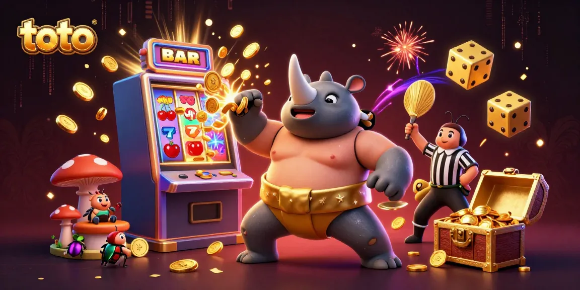 Experience the thrill of a toto casino game with a dynamic scene of cartoon characters and vibrant slot machine elements.