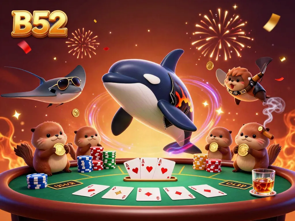 B52 whale shows off poker skills amidst golden coins and chandeliers, a lively gambling scene.