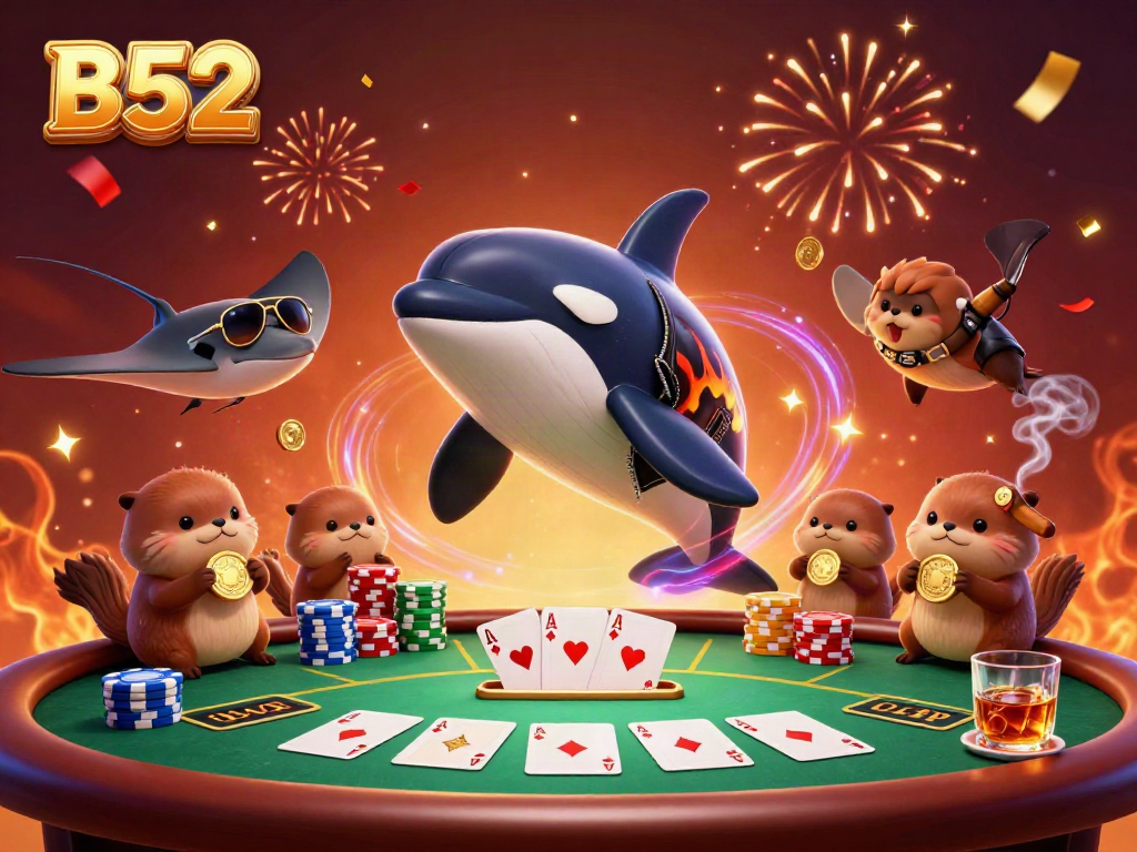 B52 whale shows off poker skills amidst golden coins and chandeliers, a lively gambling scene.