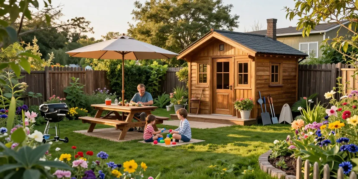 Wunderschönes Gartenhaus Holz im Garten mit blühenden Pflanzen und spielenden Kindern