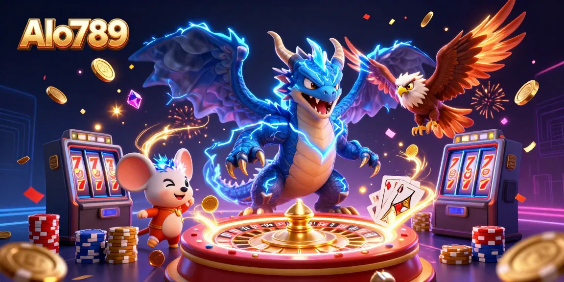 Alo789 features a thunder dragon, wind hawk, and thunder mouse amidst dynamic casino elements.