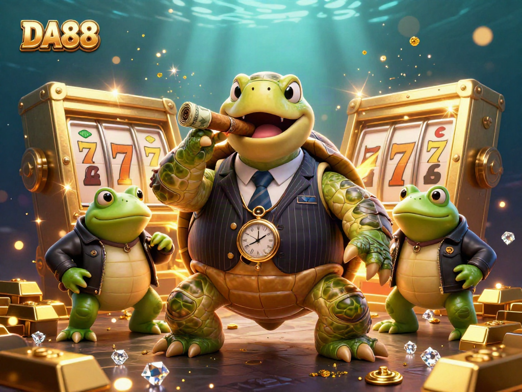 Experience the vibrant energy of the DA88 casino scene showcasing a turtle and bullfrogs amidst sparkling riches.
