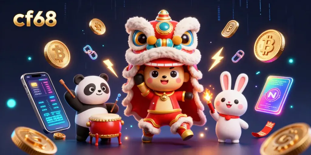 Experience vibrant gaming with cf68's lion dance and crypto themes in this colorful 3D scene.