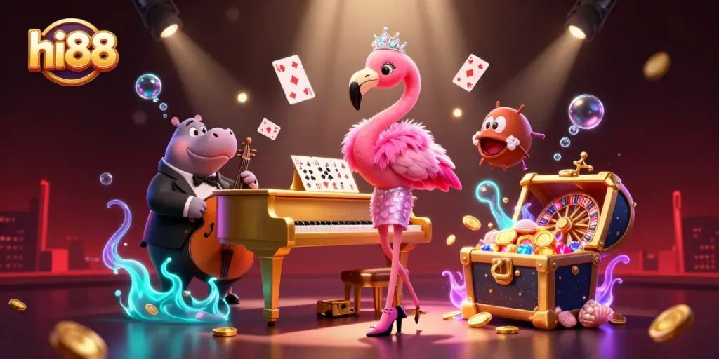 Experience the vibrant casino ambiance with hi88's entertaining lounge scene featuring dynamic characters and gaming elements.
