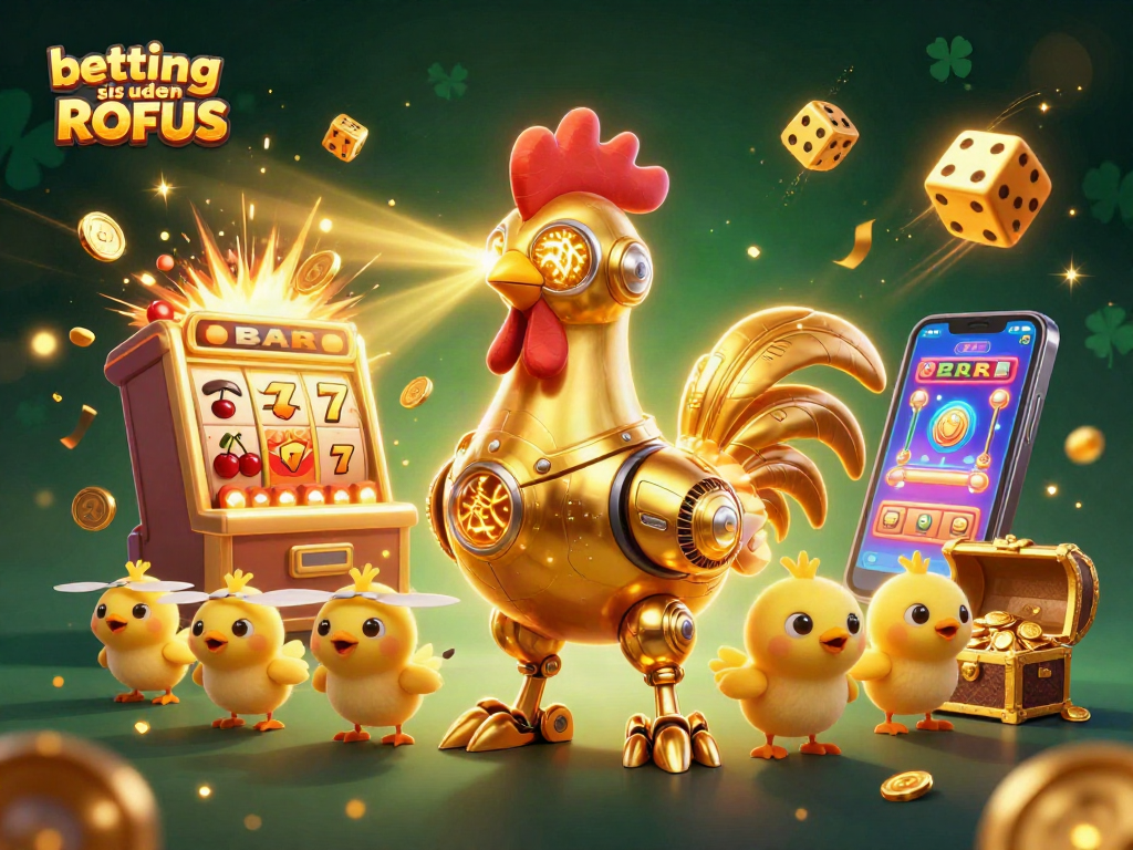Engage with betting sider uden ROFUS featuring an iconic rooster robot, colorful slot machine, and gold treasure.