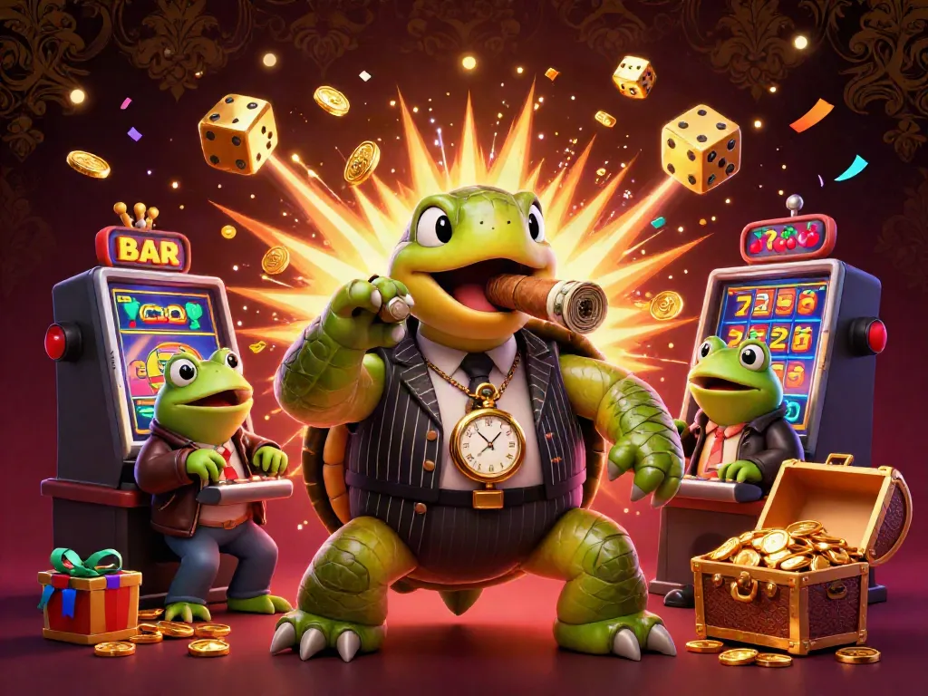 Experience the lively atmosphere of লাইভ ক্যাসিনো cd44 with a 3D turtle mobster amid dynamic casino elements.