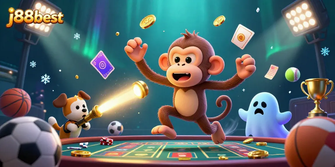 Engage in exciting gameplay at j88best as a poltergeist monkey juggles golden coins in a haunted casino venue.