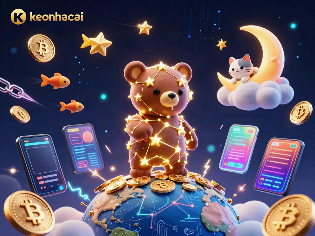 Experience keonhacai with a cosmic bear scooping coins amidst Bitcoin and Ethereum elements.