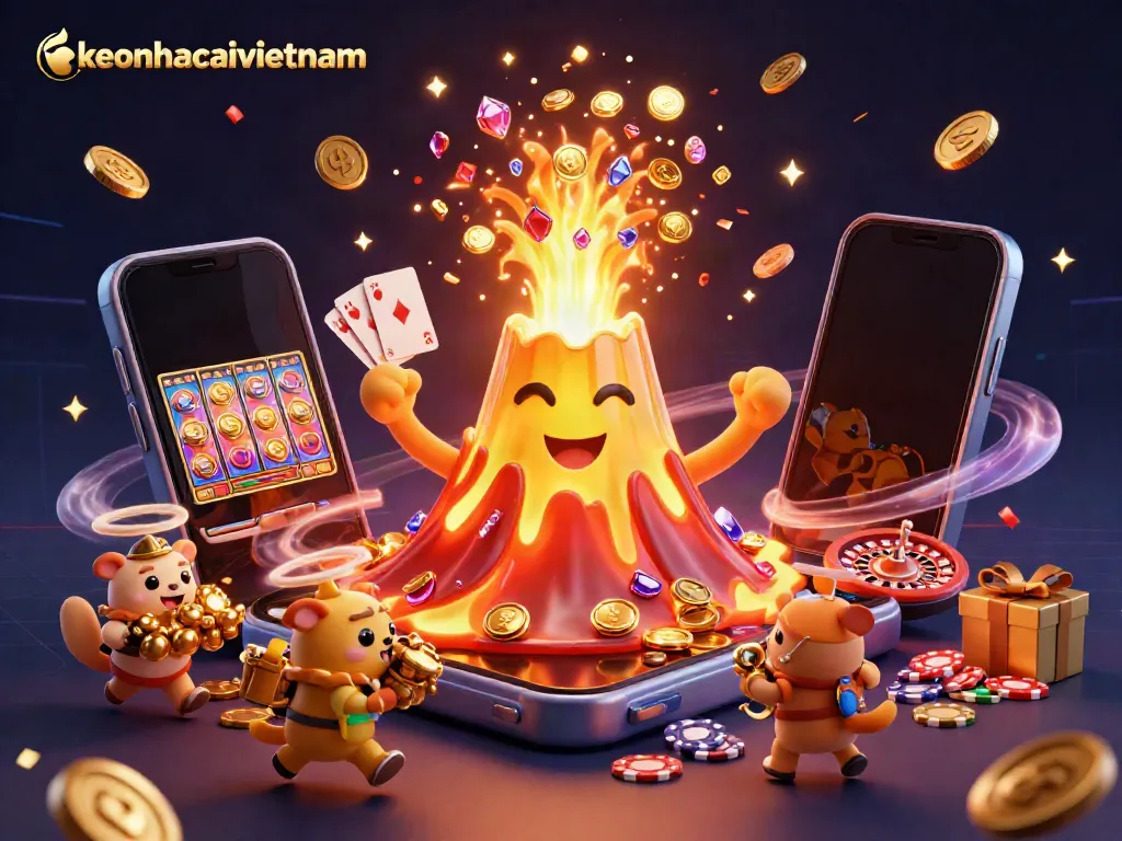 Keonhacaivietnam depicts a dynamic casino scene with a golden volcano and treasure-hunting explorers.