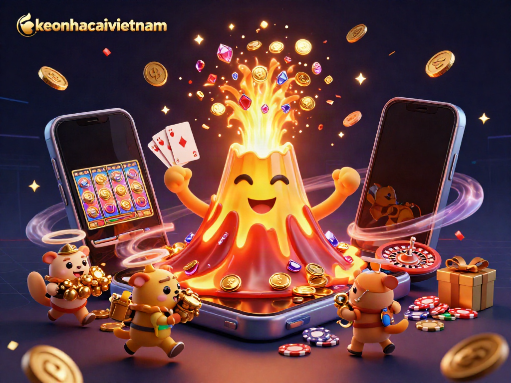 Keonhacaivietnam depicts a dynamic casino scene with a golden volcano and treasure-hunting explorers.