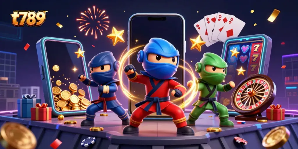 Engage with thrilling t789 gameplay featuring colorful slot machines and ninja chameleons.