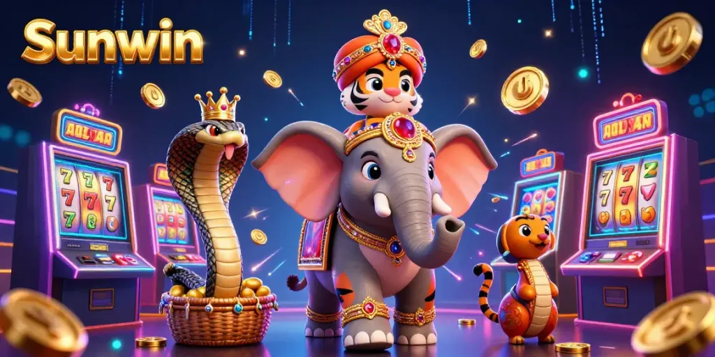 Experience the excitement of Sunwin's online casino with a colorful illustration of a tiger, elephant, and vibrant slot machines.