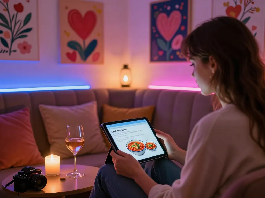Engaging in spicy AI chat on a tablet in a cozy lounge with creative decor.