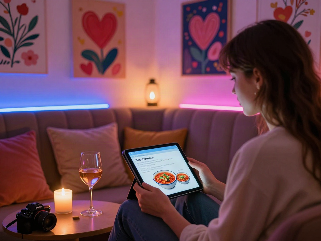 Engaging in spicy AI chat on a tablet in a cozy lounge with creative decor.