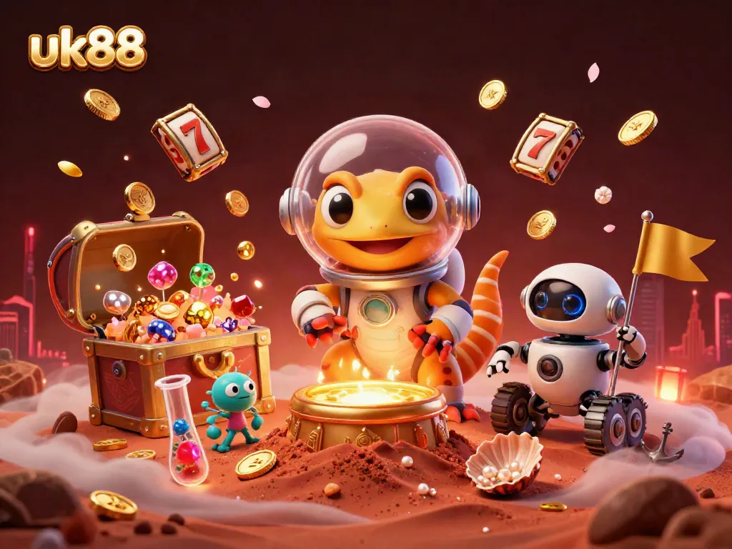 Experience thrilling gameplay with uk88 as a Martian gecko finds golden casino treasures surrounded by vibrant slot game elements.