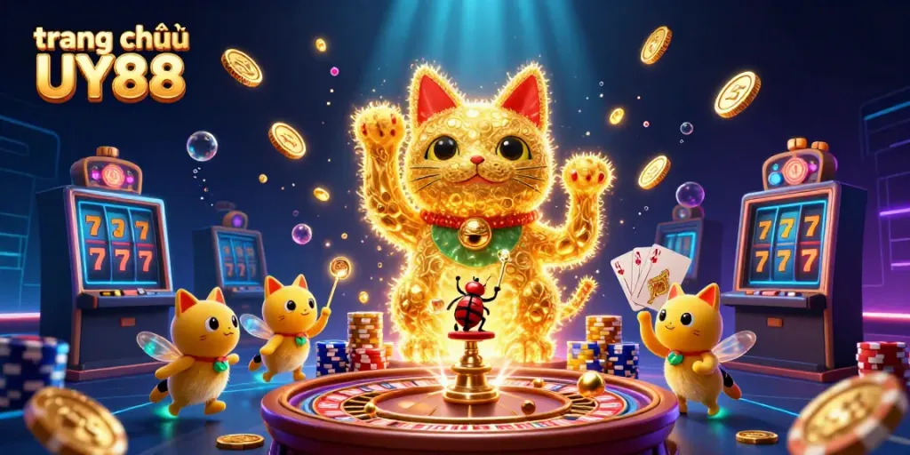 Engage with thrilling games at trang chủ UY88, featuring vibrant visuals of a lucky cat and casino symbols.