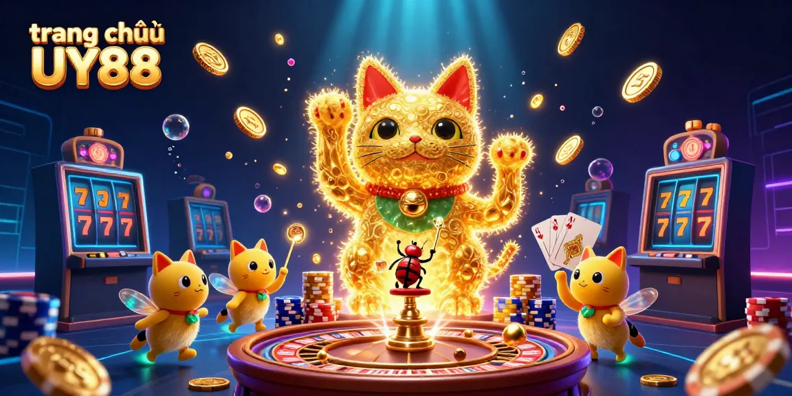 Engage with thrilling games at trang chủ UY88, featuring vibrant visuals of a lucky cat and casino symbols.