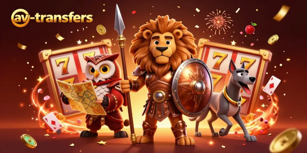 Experience thrilling excitement with av-transfers in this immersive casino illustration showcasing epic characters and gaming elements.