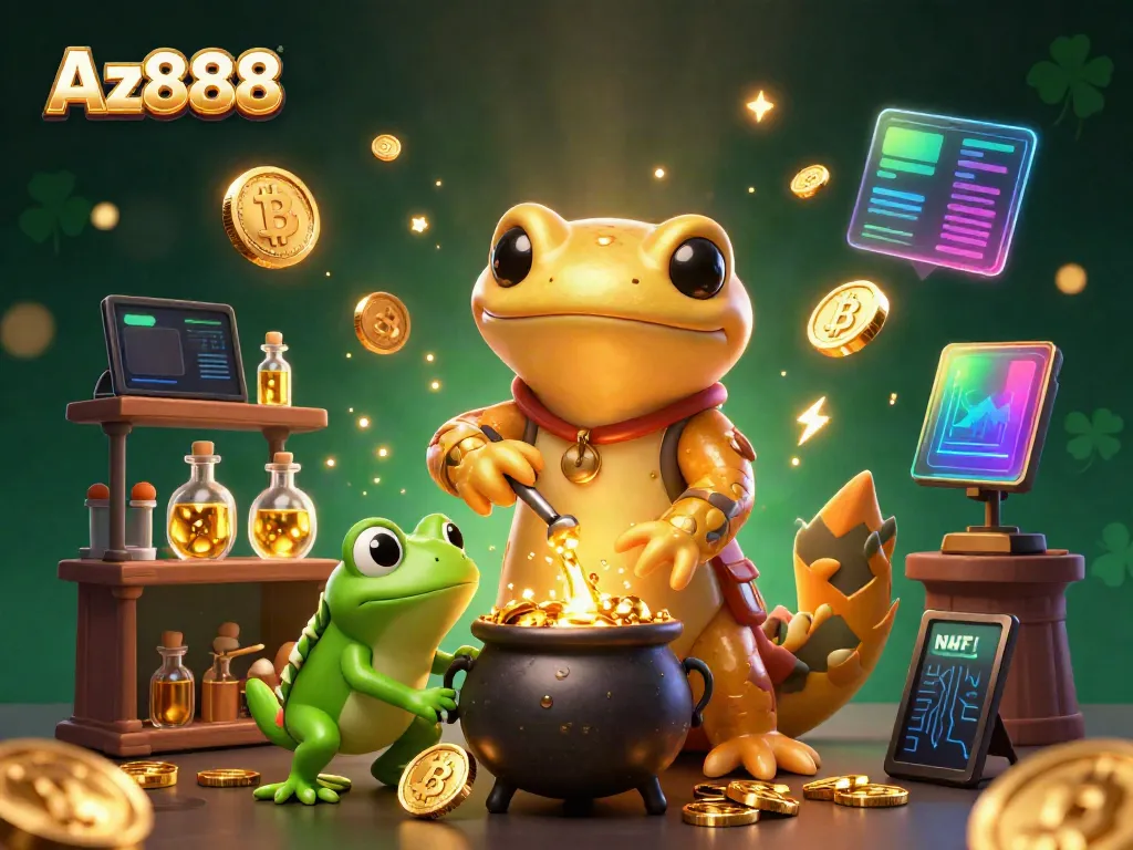 Az888 offers thrilling gambling experiences with a magical alchemist scene combining coins, blockchain elements, and golden treasures.