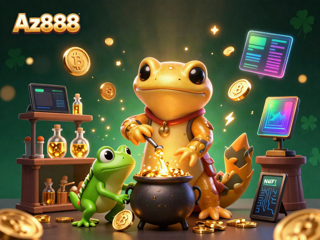 Az888 offers thrilling gambling experiences with a magical alchemist scene combining coins, blockchain elements, and golden treasures.