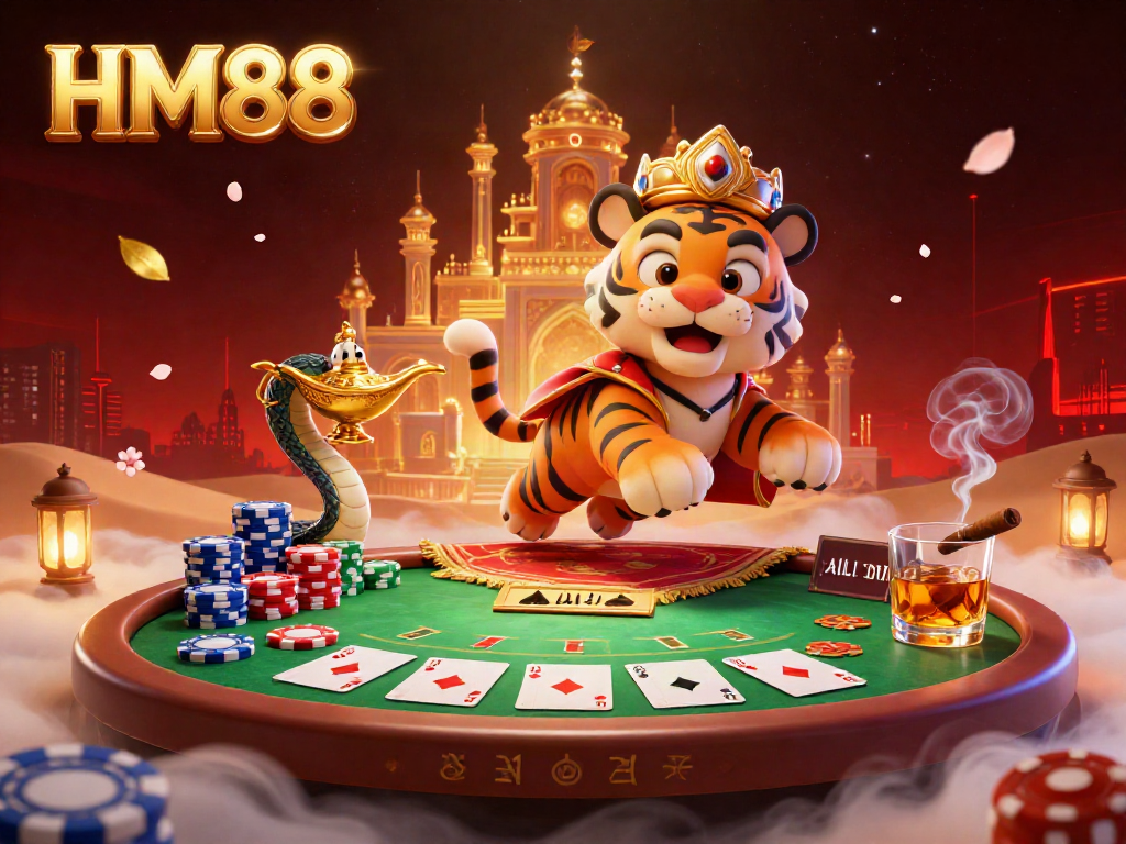 Experience thrilling gameplay at HM88 with a vibrant 3D casino illustration featuring poker elements.