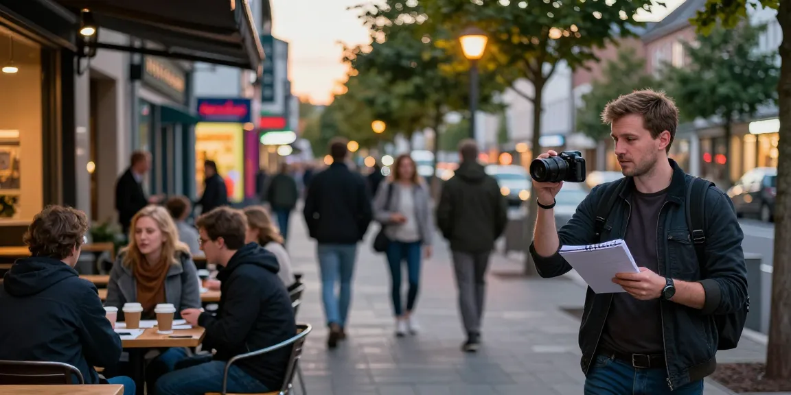Local journalist capturing breaking news in Bochum's lively street scene.
