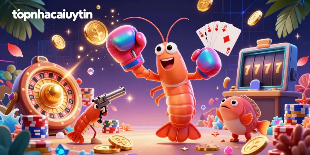 Engage with topnhacaiuytin's thrilling casino scene featuring a mantis shrimp boxing champion amidst dazzling casino elements.