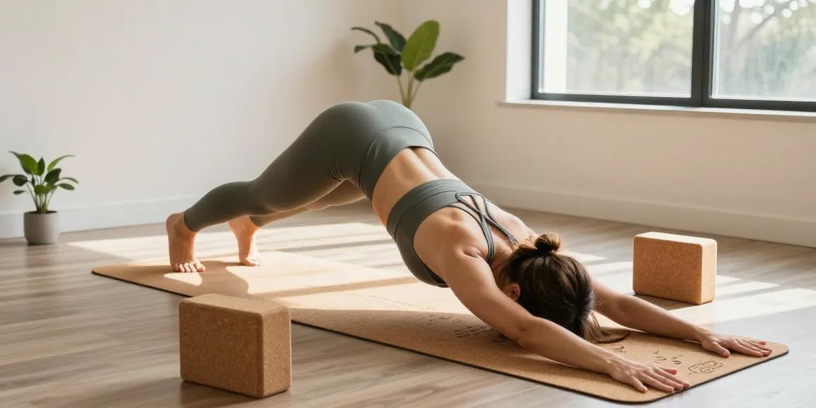 Practicing yoga on a personalized cork Yogamatte Set mit Block in a bright studio.