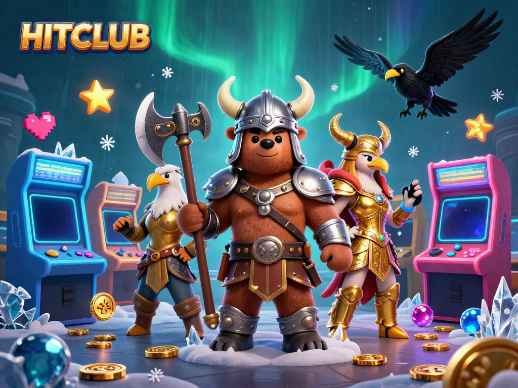 Experience HITCLUB's immersive games with a fascinating Viking bear and Valkyries in vibrant casino artistry.