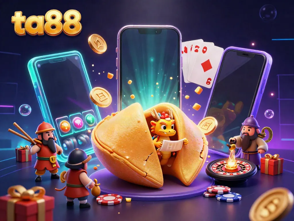 Experience the thrill of ta88 with a golden fortune cookie and wise dragon in a vibrant casino scene.