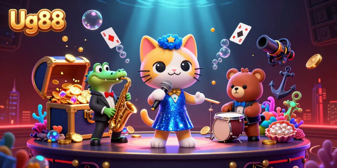 Experience thrilling Ug88 adventures with a lively cat, crocodile, and bear in a vibrant casino setting.