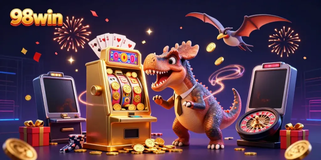 Experience the excitement of 98win as cartoon dinosaurs trigger jackpots from a golden slot machine.