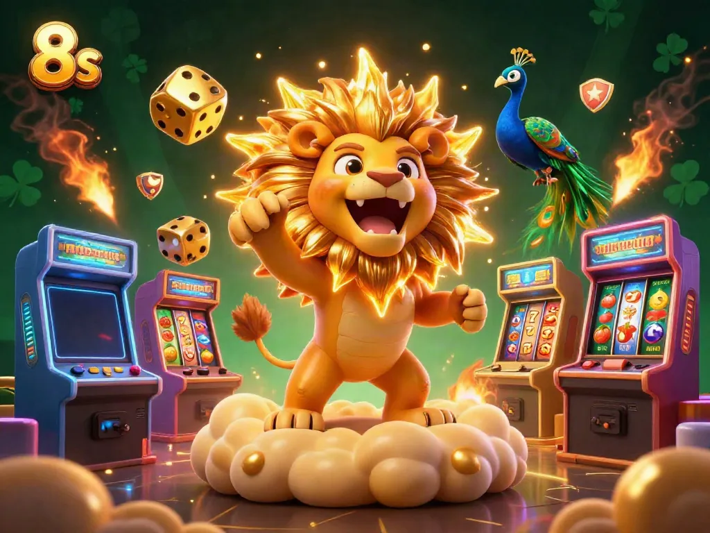 Play slots and win big with 8s in a vibrant casino scene featuring a roaring lion and golden dice.