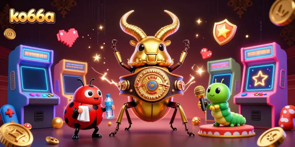 Experience thrilling gameplay at ko66a with an exciting 3D cartoon gaming scene filled with vibrant characters and casino elements.