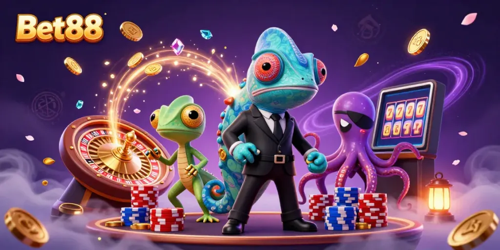 Experience thrilling gaming action at Bet88 with vivid casino elements and dynamic characters.