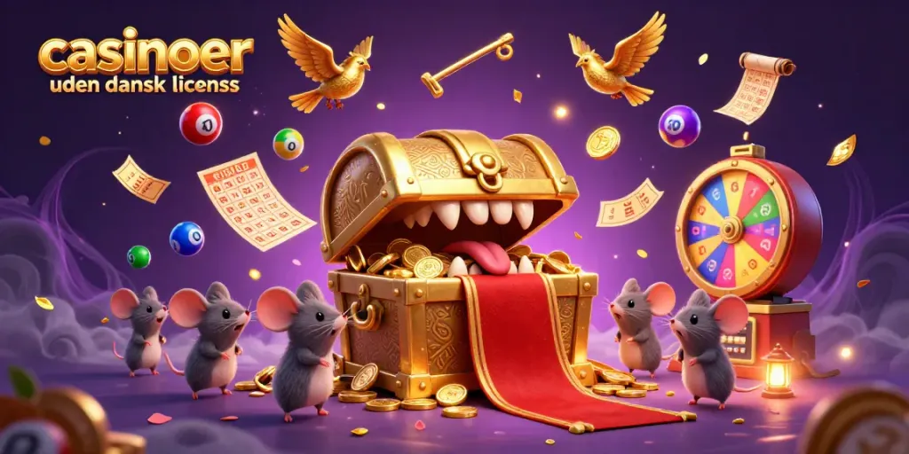Engaging golden treasure chest representing casinoer uden dansk licens, luring players with vibrant game elements.