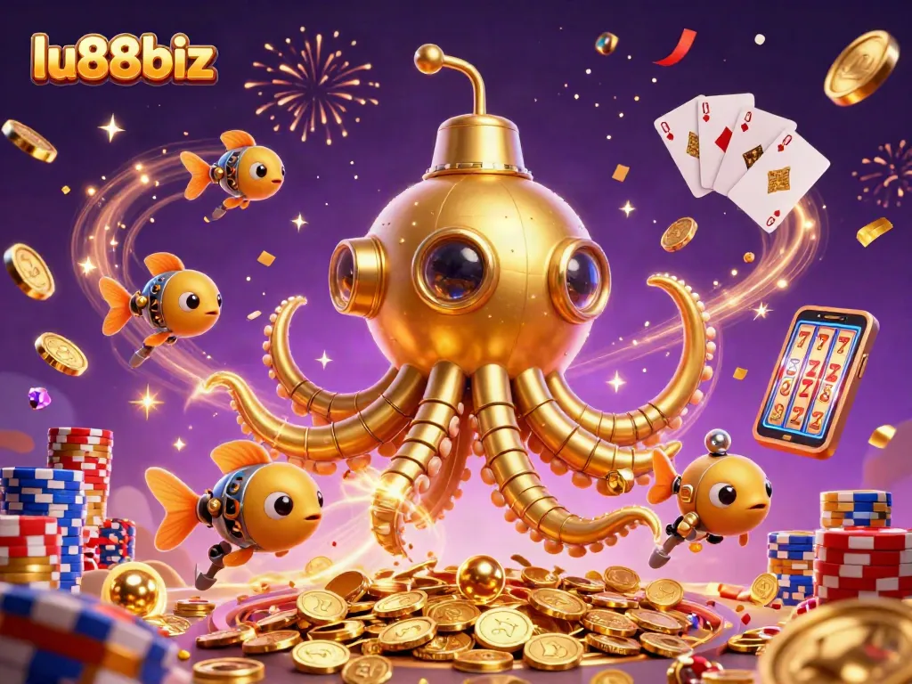 Experience the excitement of winning at lu88biz with vibrant casino elements and a golden kraken.