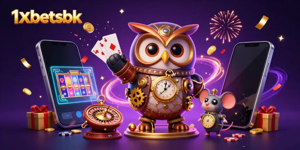 Engage with 1xbetsbk at a vibrant casino scene featuring dynamic game elements and colorful energy.