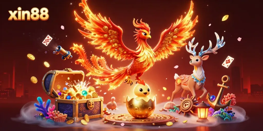 Experience thrilling gaming at xin88 with vibrant phoenix and mystical stag in an engaging 3D scene.