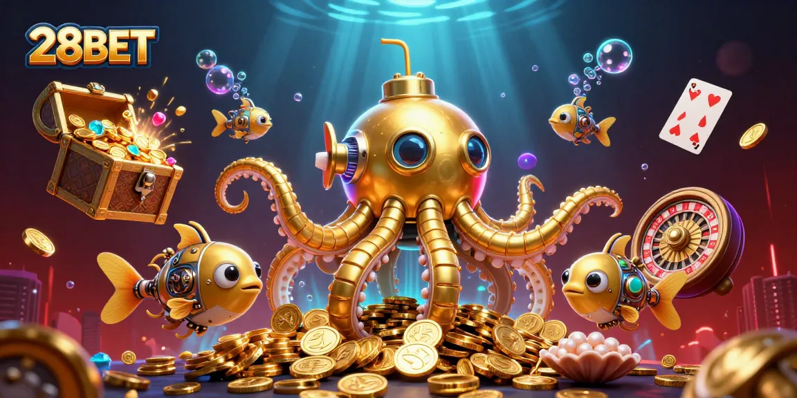 Bet on thrilling 28BET experiences with a lively underwater casino adventure illustration.