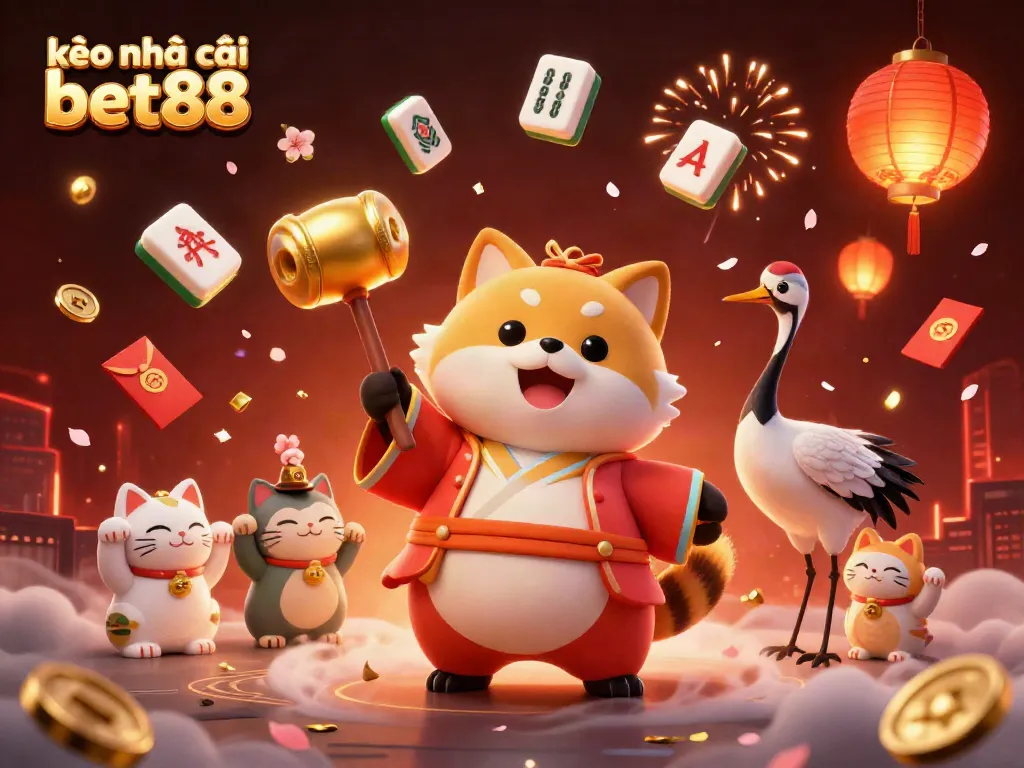 Engage with kèo nhà cái bet88 through a vibrant animated scene featuring lucky symbols and cultural icons.