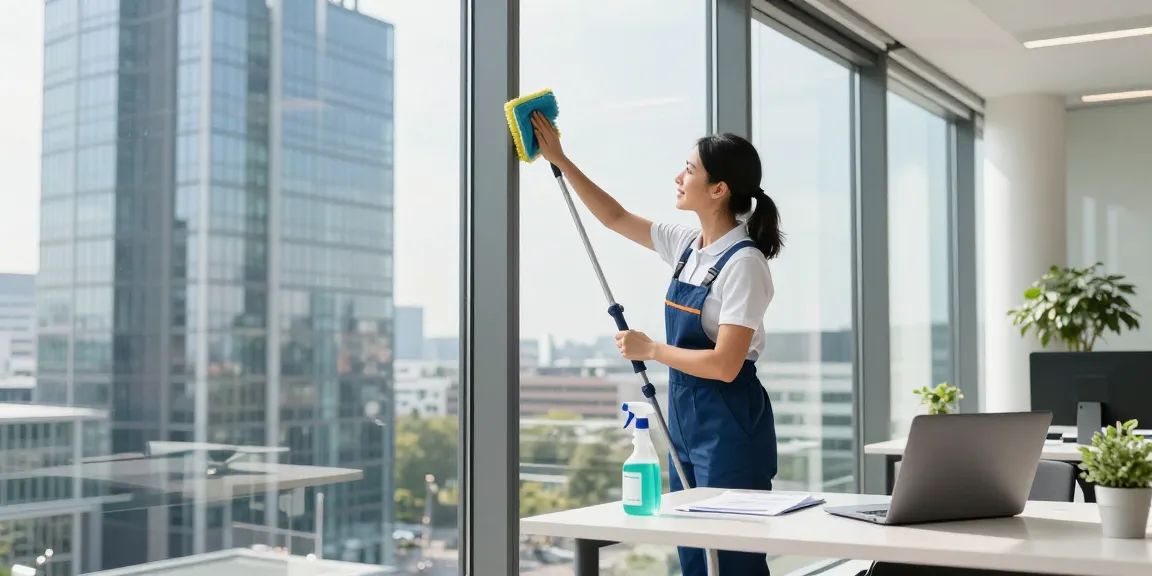 Professionelle Gebäudereinigung Düsseldorf mit einem Reinigungsteam, das Fenster in einem modernen Bürogebäude reinigt.
