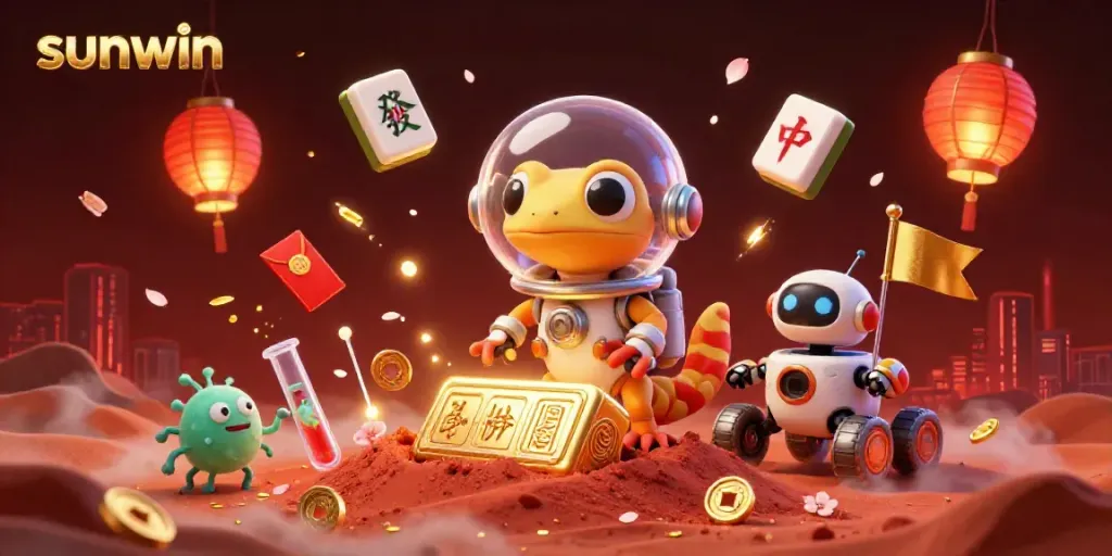 Engage with the sunwin Martian gecko as it uncovers a golden casino amid vibrant decorations.