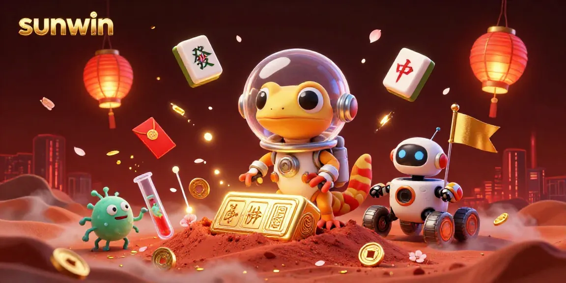 Engage with the sunwin Martian gecko as it uncovers a golden casino amid vibrant decorations.