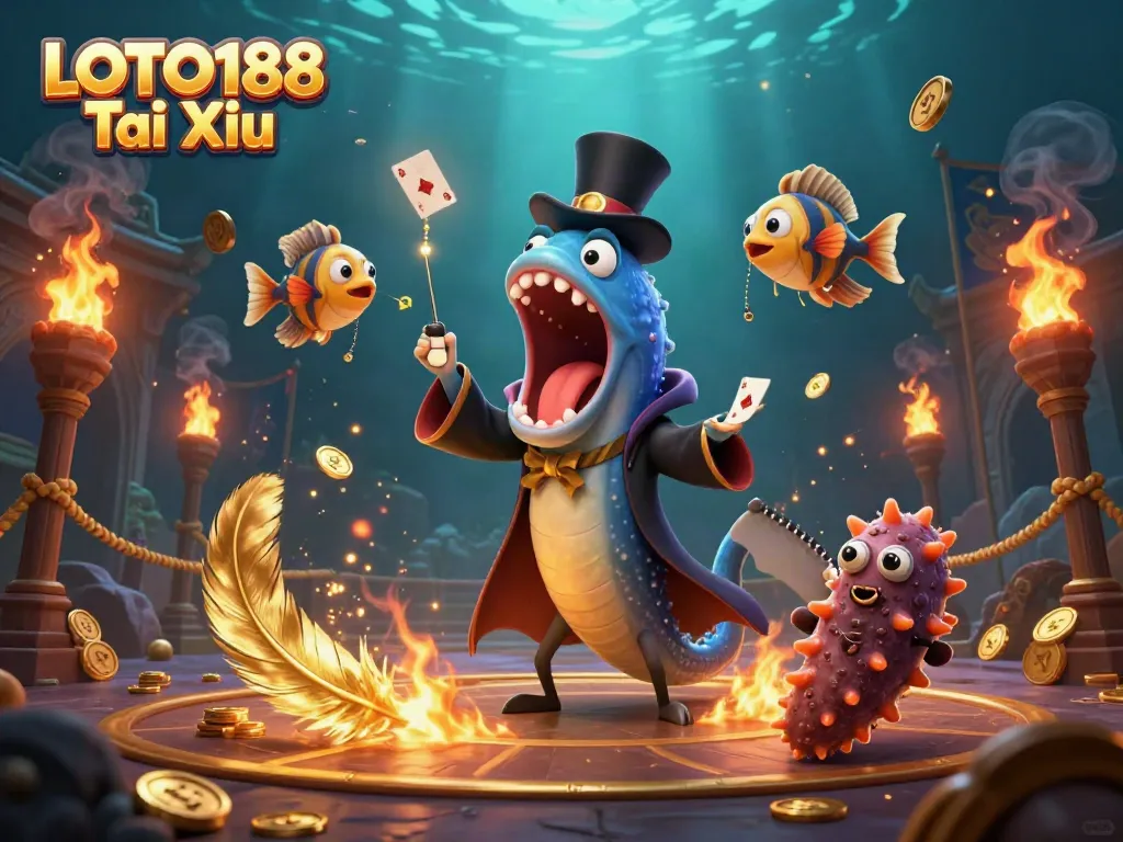 Engaging LOTO188 Tai Xiu scene featuring a magician eel and spotlight anglerfish in a dynamic underwater casino