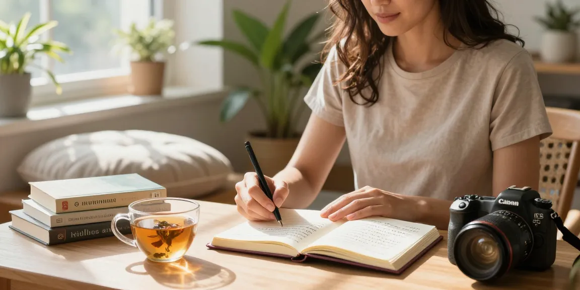 Frau mit einem Journal und Teetasse, um ihr Mindset zu stärken und persönliche Ziele zu verfolgen.