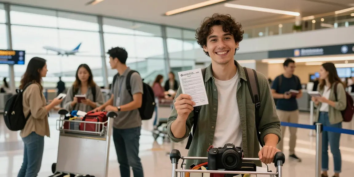 Originalen Reisepass mit vollständiger Verifizierung online kaufen, gehalten von einem glücklichen Reisenden am Flughafen.
