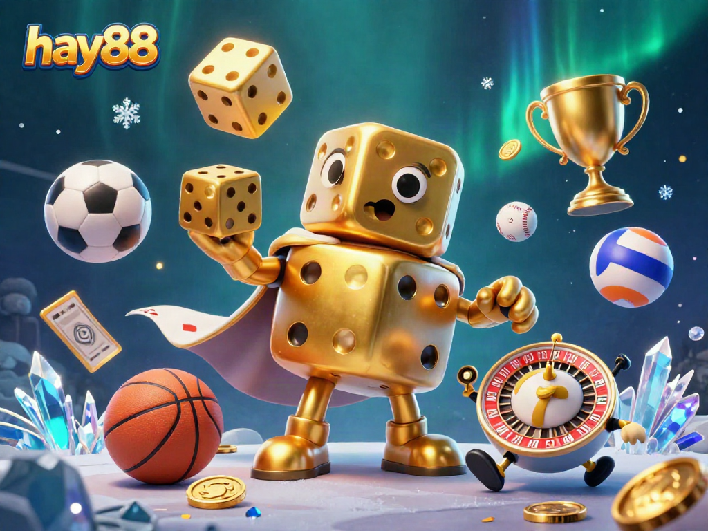 Immerse yourself in hay88's vibrant world as golden dice and sports elements fly in a dynamic casino-themed illustration.